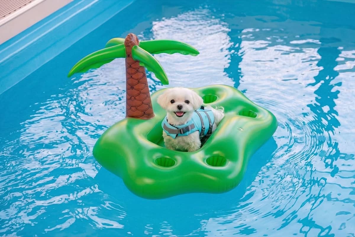 A small dog on a green float with a palm tree decoration in a swimming pool.