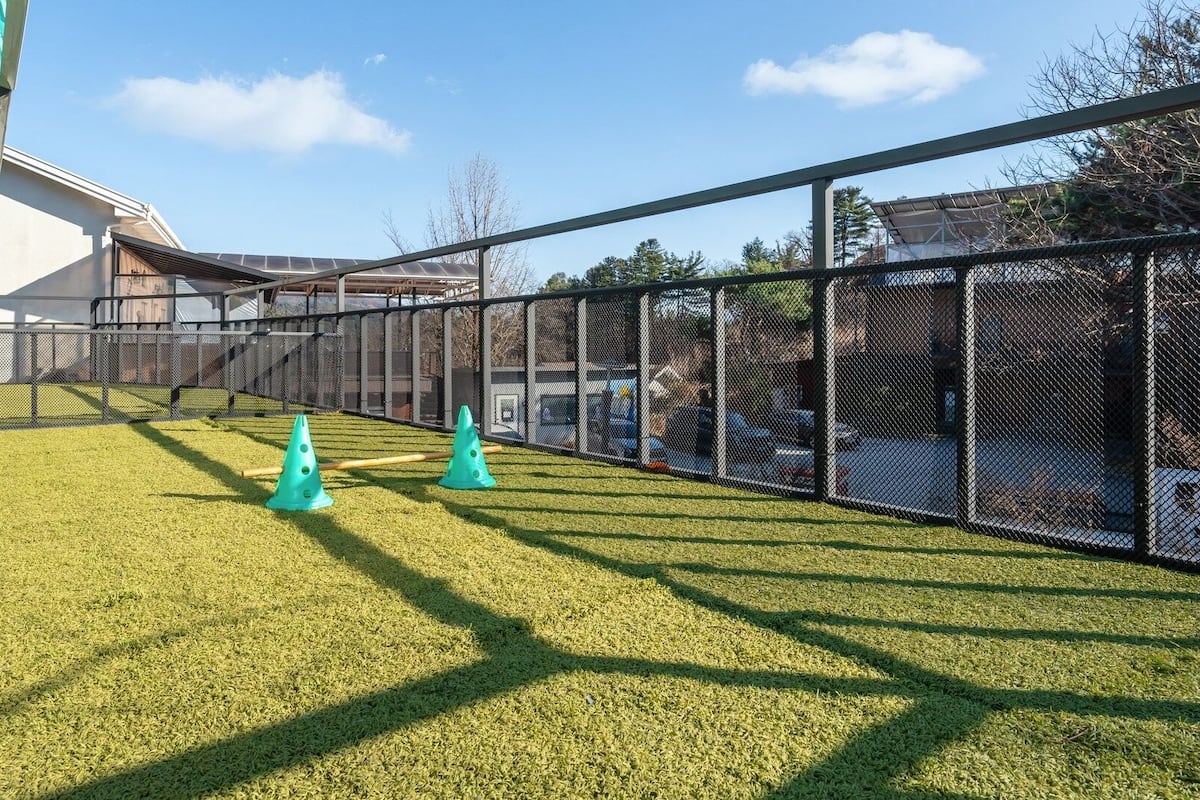 Un espace extérieur clos, doté d’une pelouse artificielle, de deux cônes verts et d’une structure métallique.