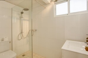 Ducha, secador de pelo, toallas y papel higiénico