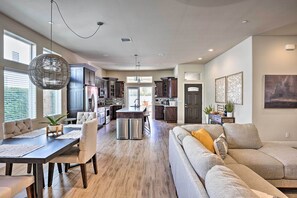 TV, fireplace, books