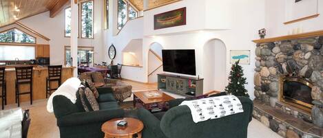 Smart TV, fireplace, video games, DVD player