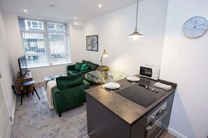 A compact living space with a kitchenette, a dining area, and a sofa.