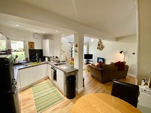 Fridge, microwave, toaster, cookware/dishes/utensils