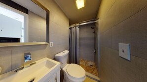 A modern bathroom with a shower, toilet, and sink.
