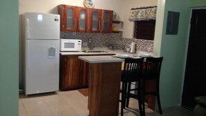 A compact kitchen with a refrigerator, microwave, wooden cabinets, and a small dining area with two chairs. - Oxford manner Our Gem  (Kingston)