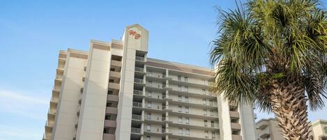 A high-rise hotel with multiple balconies and a palm tree in the foreground.