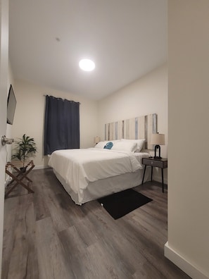 Relax in a spacious room with a large bed, bedside table, and potted plant.
