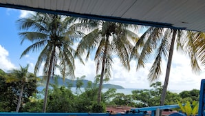 A covered outdoor area with a view of palm trees and a body of water. - Studio eliconia<br>Quartier anse bellune <br>Rue la bellune Trinité 97220 (trinite)