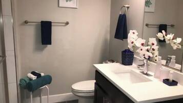 Shower, hair dryer, towels