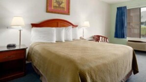 A hotel room with a bed, bedside tables, lamps, a chair, a window, and a painting on the wall. - Beachside Inn (Anaheim)