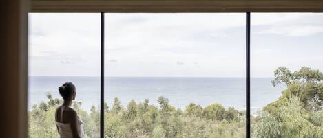 A room with a large window overlooking a natural landscape.