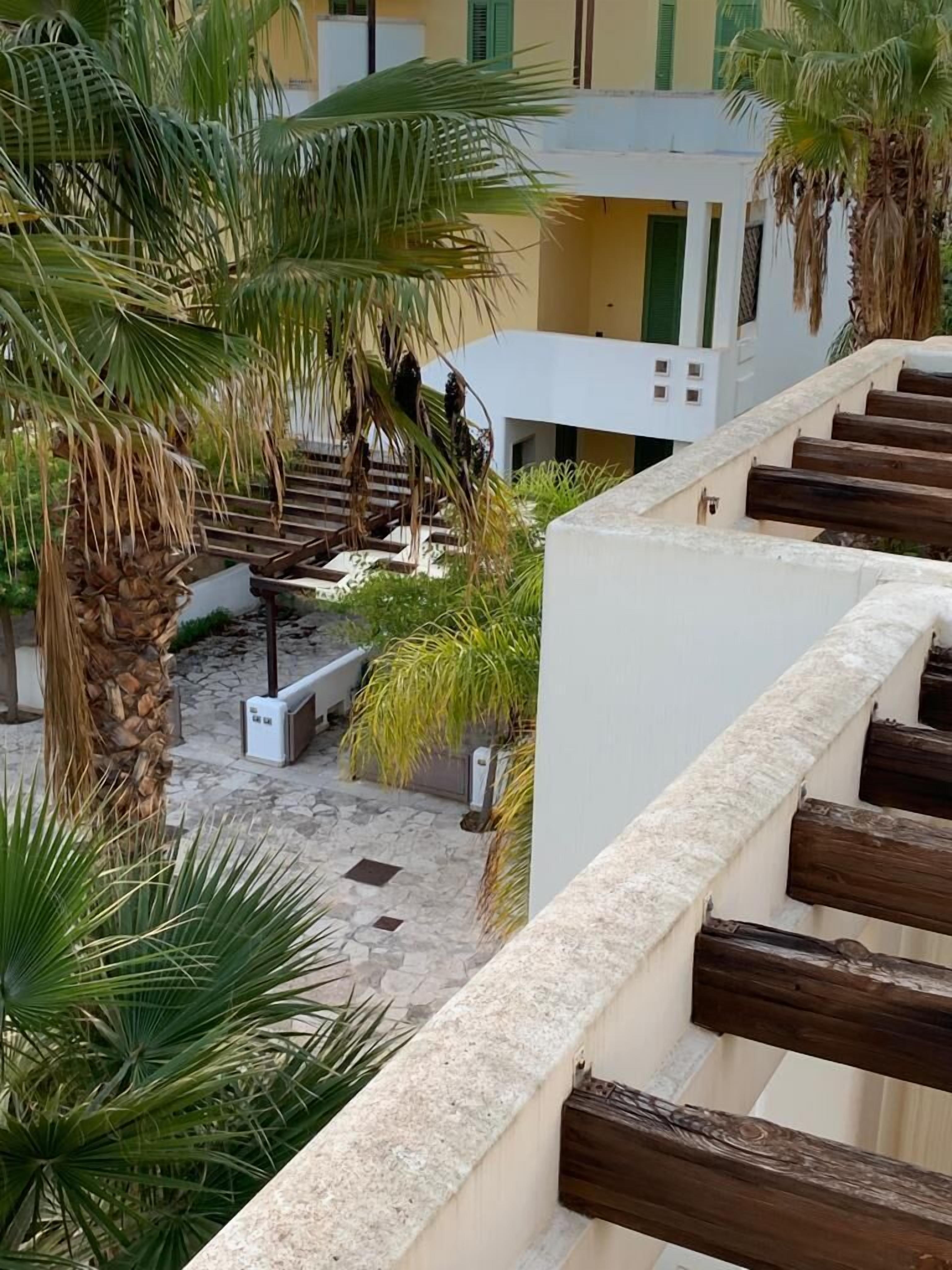 Un cortile con palme, pavimento in pietra e un edificio bianco con persiane verdi.