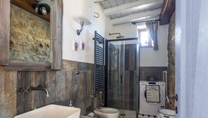 Shower, hair dryer, bidet, towels
