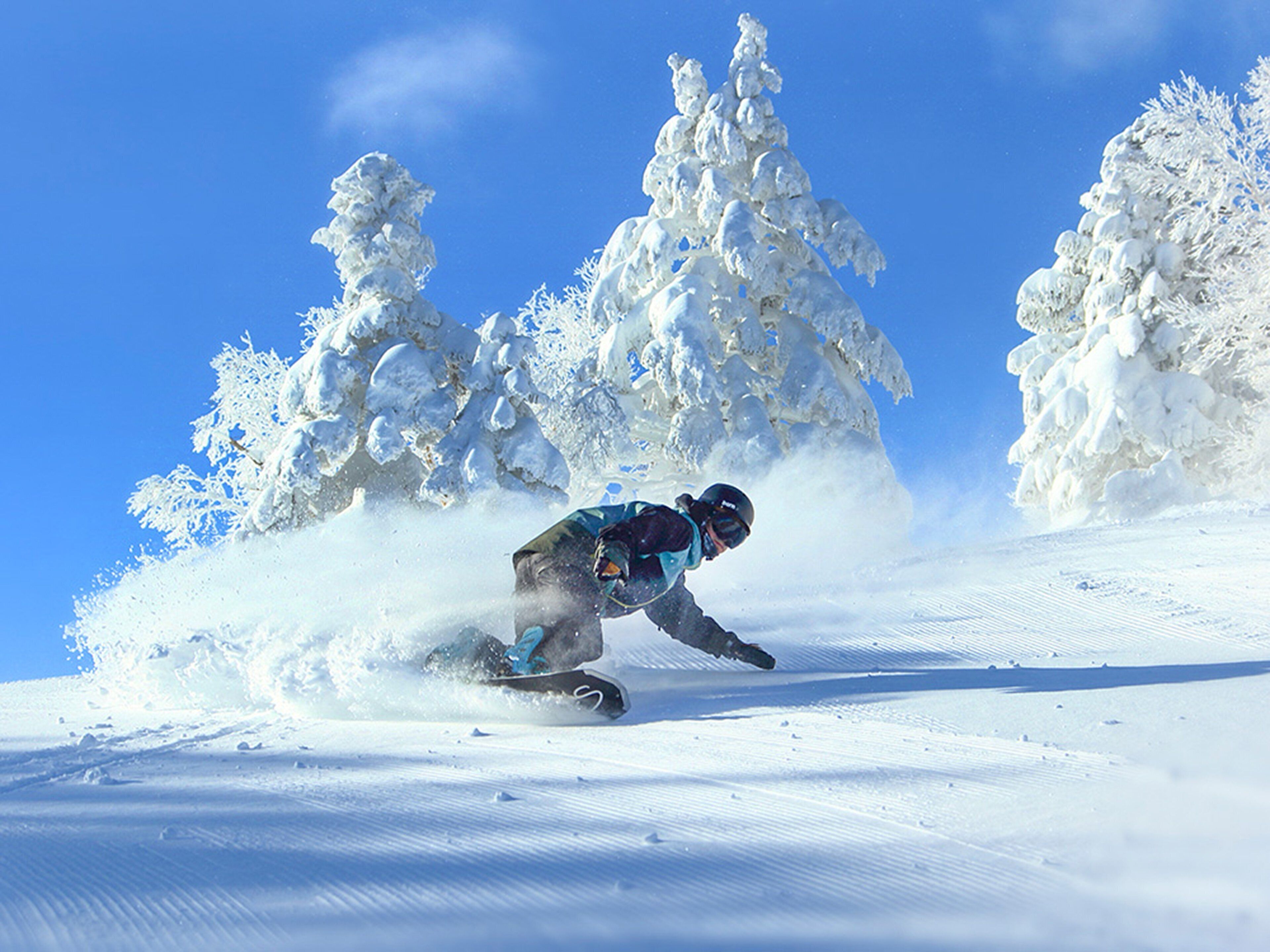 A snowboarder carving through deep snow with a clear blue sky in the background.