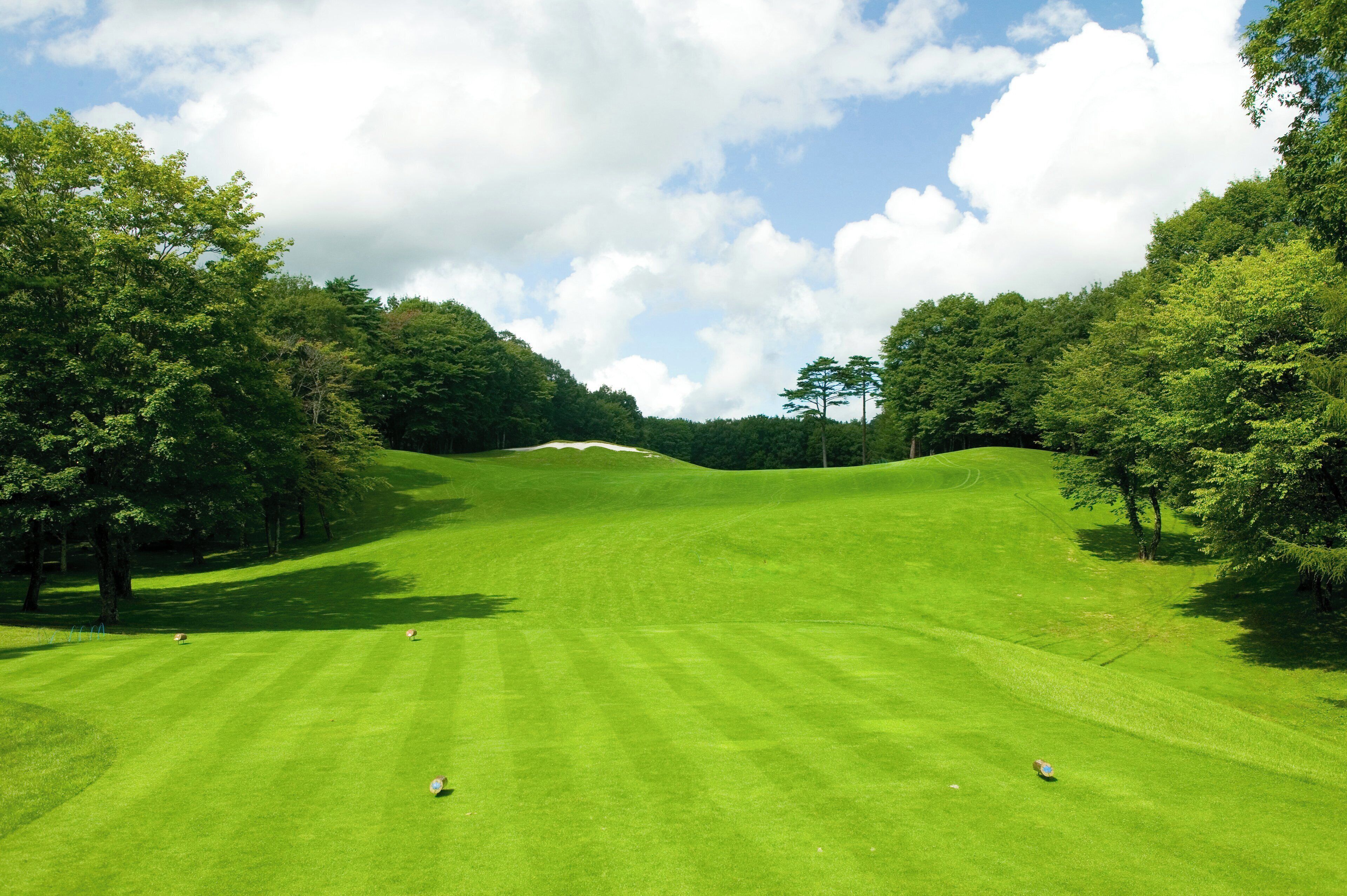 A well-maintained golf course with a clear sky and lush greenery.
