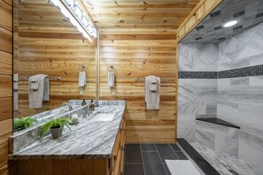 Combined shower/tub, hair dryer, towels