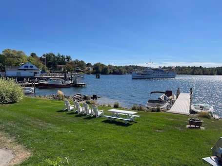 Outdoor dining. Downtown Wolfeboro condo, right on Wolfeboro Bay/Winnipesaukee w/dock available