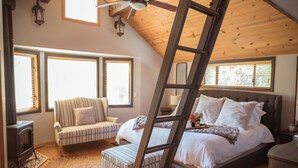 A bedroom with a loft bed, a ladder, a sofa, and a fireplace.