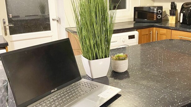 Une cuisine avec un ordinateur portable posé sur le comptoir, un four à micro-ondes, un grille-pain et une plante en pot.