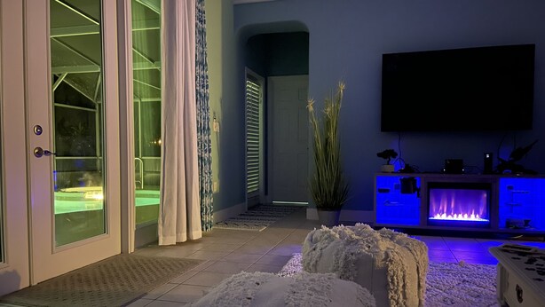 A modern living room with a flat-screen TV, a fireplace, and a potted plant. - Davenport Disney-Area Home ~ Private Pool & Hot Tub ~ Quiet Retreat (Davenport)