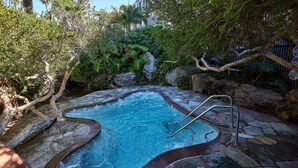 A natural pool with a stone edge, surrounded by lush greenery and rocks. - Panoramic Ocean, Marina & River Views - Steps to Beach & Harbor (Oceanside)