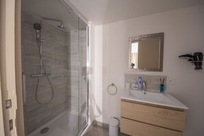 Shower, hair dryer, towels, toilet paper