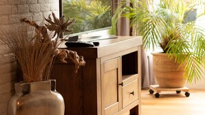 A wooden TV stand with a flat-screen TV, a vase with dried plants, and a potted plant.