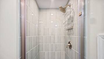 Shower, towels, soap, shampoo