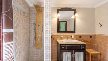 Een badkamer met een douche, een wastafel en een spiegel.