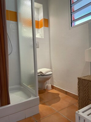Douche, sèche-cheveux, serviettes fournies, papier toilette