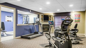 A fitness center with treadmills, elliptical machines, and a mirrored wall.