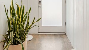 A narrow hallway with a white door, a potted plant, and a small table. - Mr. Pink's MCM Alexander with Pool, Hot Tub, Fire Pit (Palm Springs)