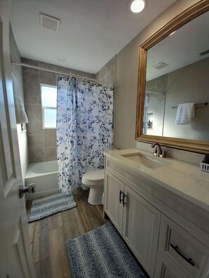 Combined shower/bathtub, hair dryer, towels, soap