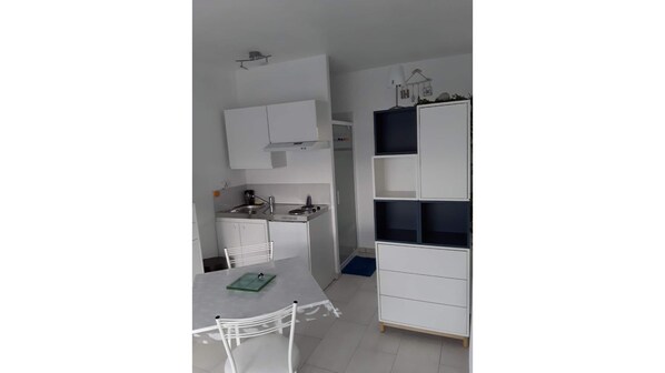 Fridge, microwave, stovetop, coffee/tea maker