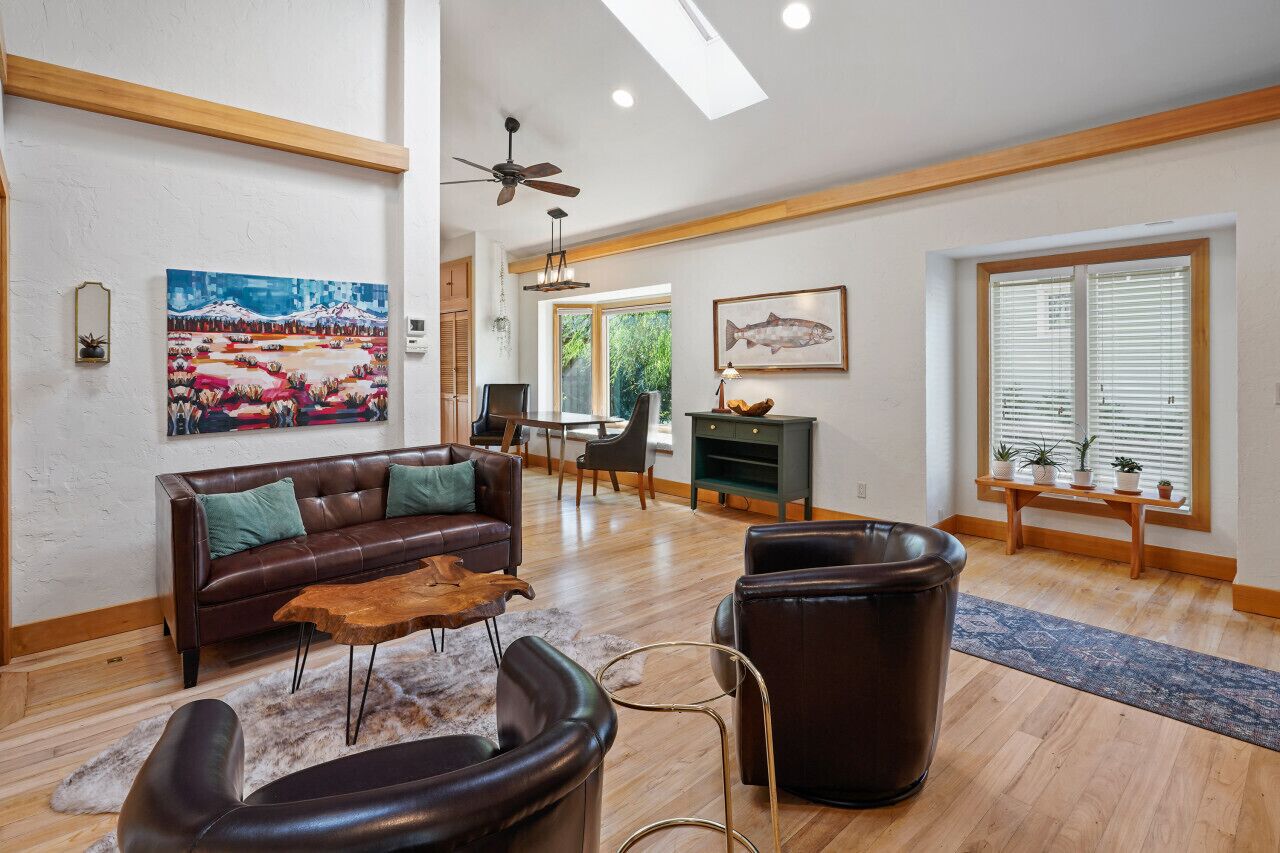 TV connectée, cheminée, chaîne hi-fi, écrans d'ordinateur