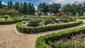 Um jardim bem cuidado, com sebes aparadas e diversas plantas.