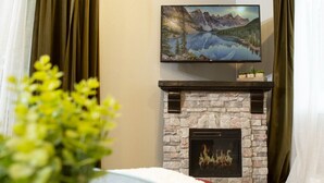 A living room with a stone fireplace, a flat-screen TV mounted above it, and a plant in the foreground.