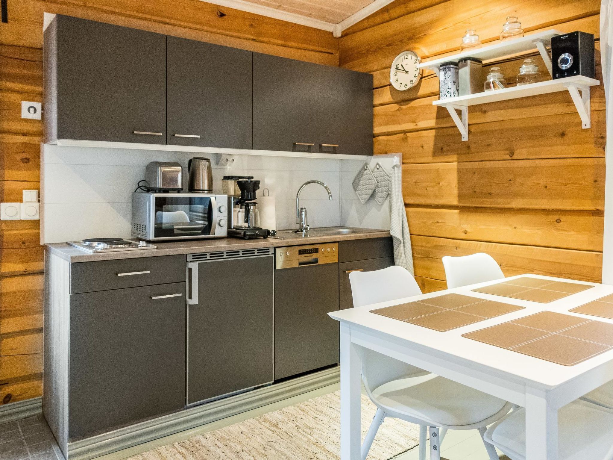 Fridge, microwave, dishwasher, cookware/dishes/utensils