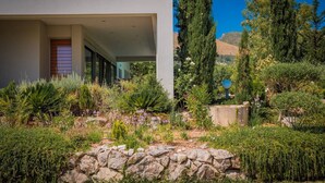 Une maison moderne avec un jardin bordé d’un mur de pierres, un grand arbre et un ciel bleu dégagé.