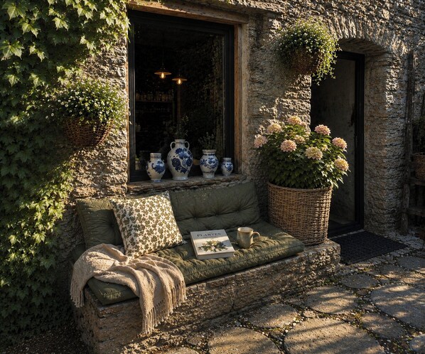 A stone building with a cozy seating area featuring a cushioned bench, a basket of flowers, and a window displaying vases.