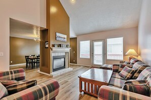 TV connectée, cheminée, lecteur de DVD, livres