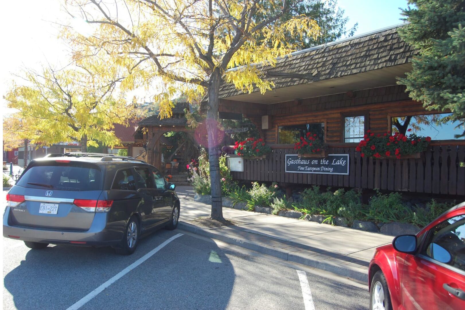 A restaurant named "Gashaus on the Lake" with a sign indicating it offers fine European dining.
