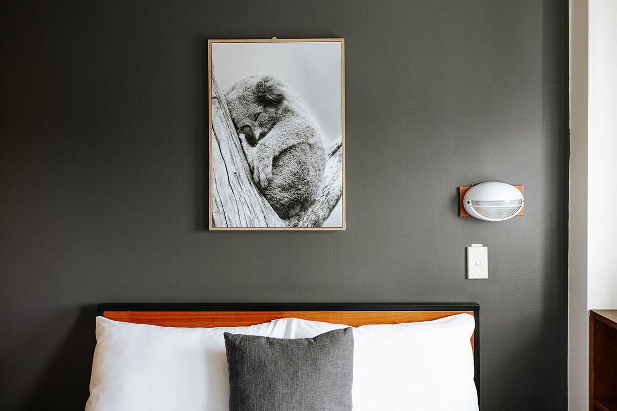 Ein Schlafzimmer mit dunkler Wand, einem gerahmten Bild eines Koalas, einer Nachttischlampe und einem Bett mit weißen und grauen Kissen.