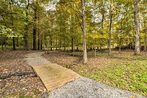Walk along the forest pathway to a serene wooden deck surrounded by dense trees.