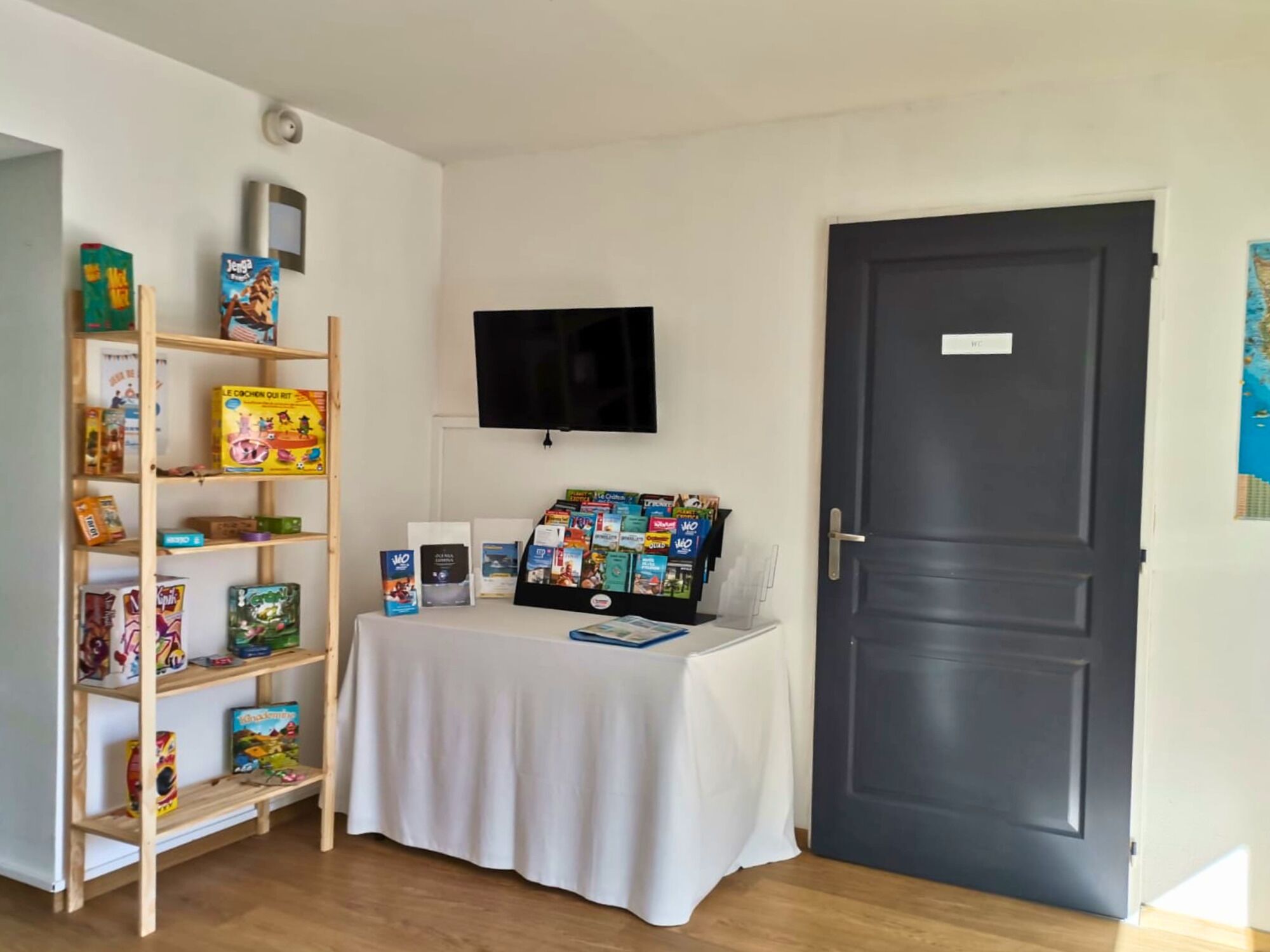 A room with a bookshelf, a table with magazines, a TV, and a door.