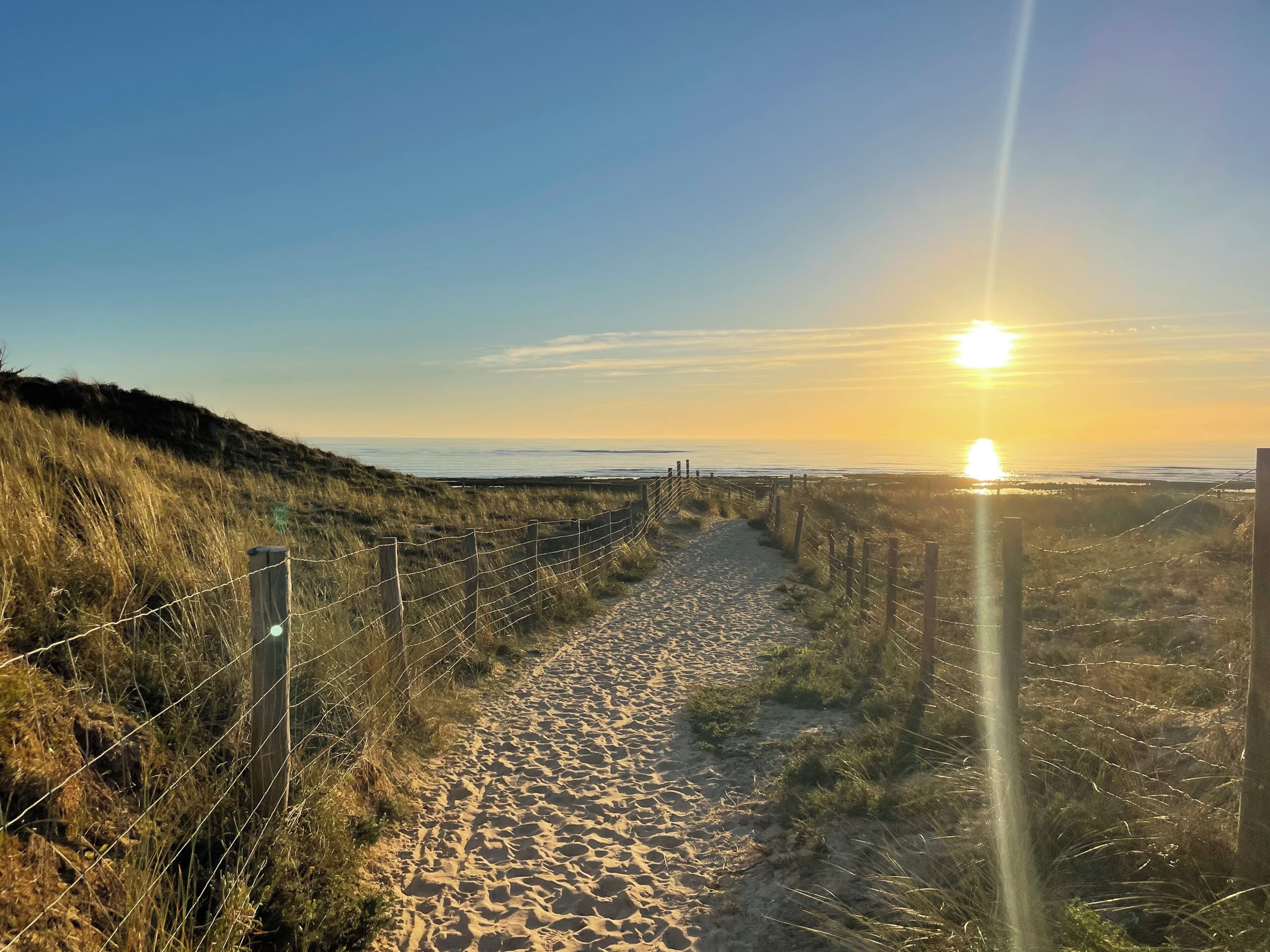A sandy path bordered by a wire fence, leading to a beach with the sun setting in the background.