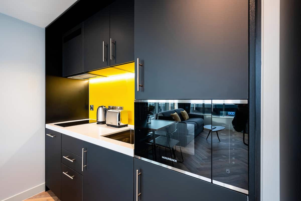 full-sized fridge, microwave, oven, dishwasher