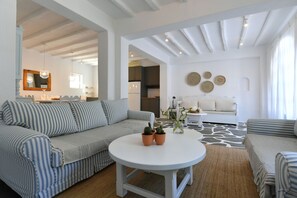 Apartment | Living area | Fireplace - Santa Flora 3 bedroom House (Paros)