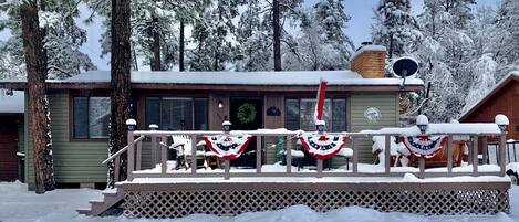 A cabin with a porch decorated with red, white, and blue banners, surrounded by snow-covered trees.