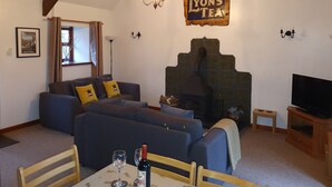Un salon chaleureux avec un ensemble de canapés, une cheminée, un téléviseur et une table sur laquelle se trouvent une bouteille et des verres.
